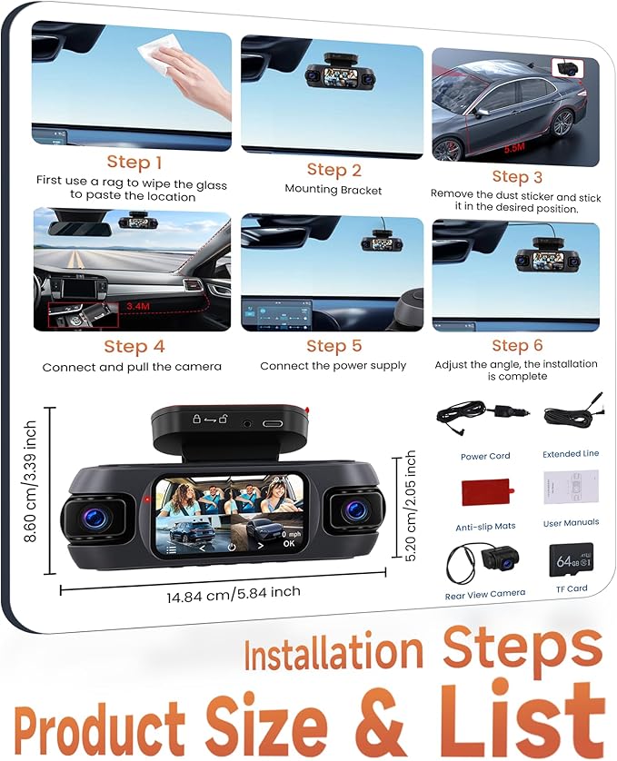 4K+4 Channel Dash Cam Front and Rear 360° View, Free 128GB Card Included, 5.8GHz WiFi Dash Camera for Cars, Built-in GPS, G-Sensor, 150°Wide Angle, 3" IPS Screen, 24H Parking Mode, Support 256GB Max