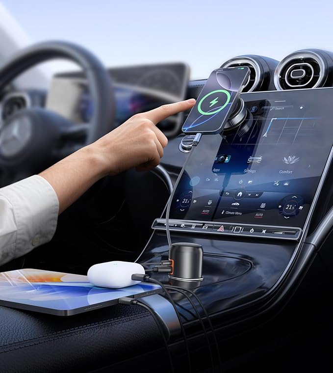 XXZU 60W 3 in 1 Retractable Car Charger, USB C & USB A 3-Port Cigarette Lighter Adapter,Fast Charging Charger Compatible with iPhone 17/16/15/14/13/12/11,iPad,Galaxy,Pixel,Android