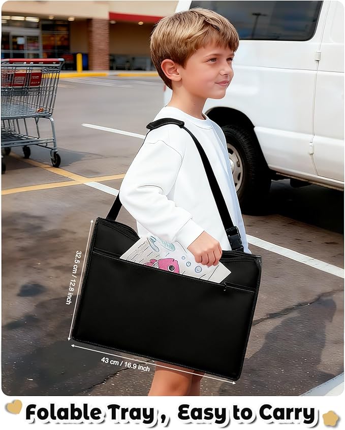 Leather Kids Travel Tray for Car - Car Seat Tray for Kids Travel, Road Trip Essentials, Carseat Table for Roadtrip Activities - Must Have Toddler Lap Desk Organizer for Airplane (Black)