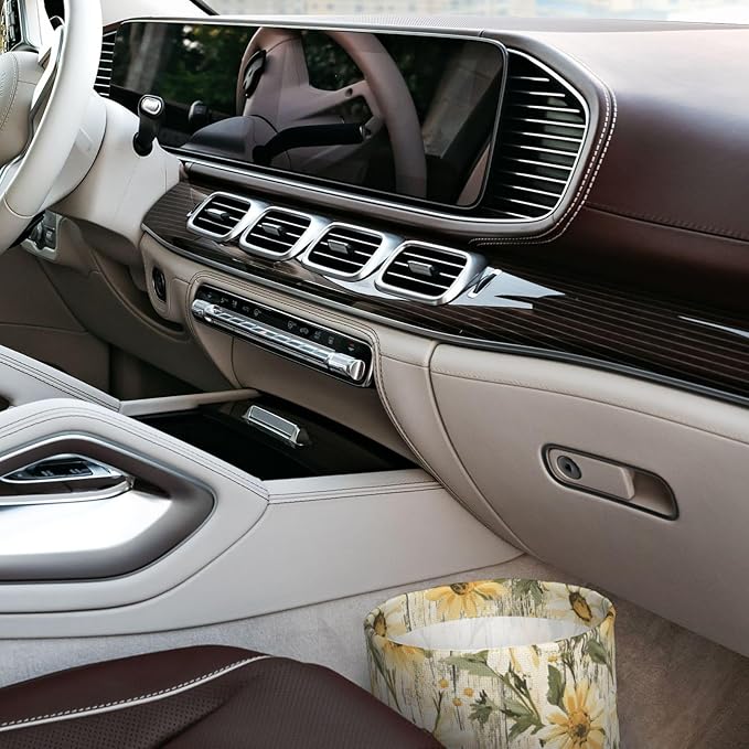 Car Trash Can Wood Grain Daisy Pattern Multipurpose Collapsible Leakproof Trash Bin Car Accessories for Car Automotive Truck SUV
