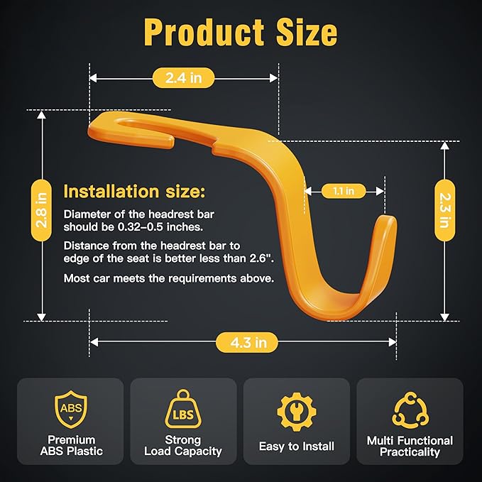 Amooca Car Seat Headrest Hook 4 Pack Hanger Universal Vehicle Car Storage Organizer for Handbag Purse Coat S Type Yellow