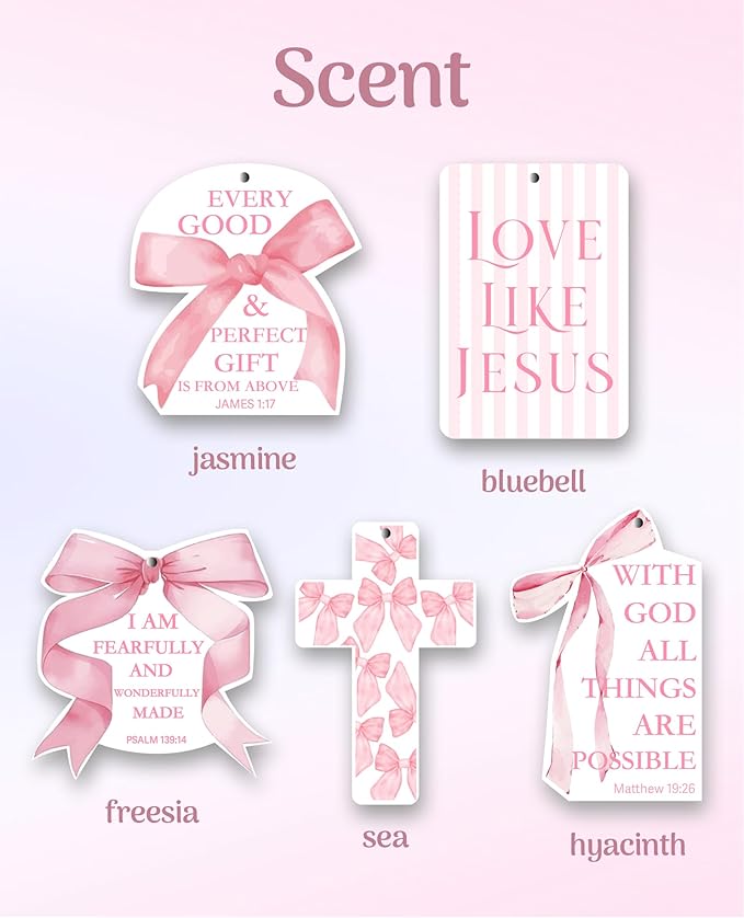 Inspirational 5pcs Car Air Freshener Cute Pink Bow Coquette Bible Verses Automotive Accessories Car Interior Hanging Scents Mirror Decor Christian Gifts for Women Girls