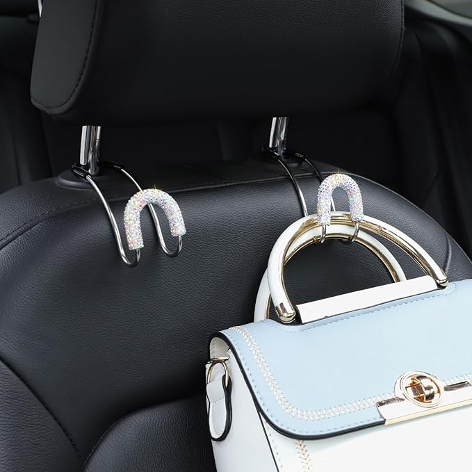 Soleebee 2 Pack Bling Car Headrest Hooks Crystal Rhinestones Universal Car Seat Hook Auto Hook Durable Car Back Seat Hangers Storage Organizer (AB Color)