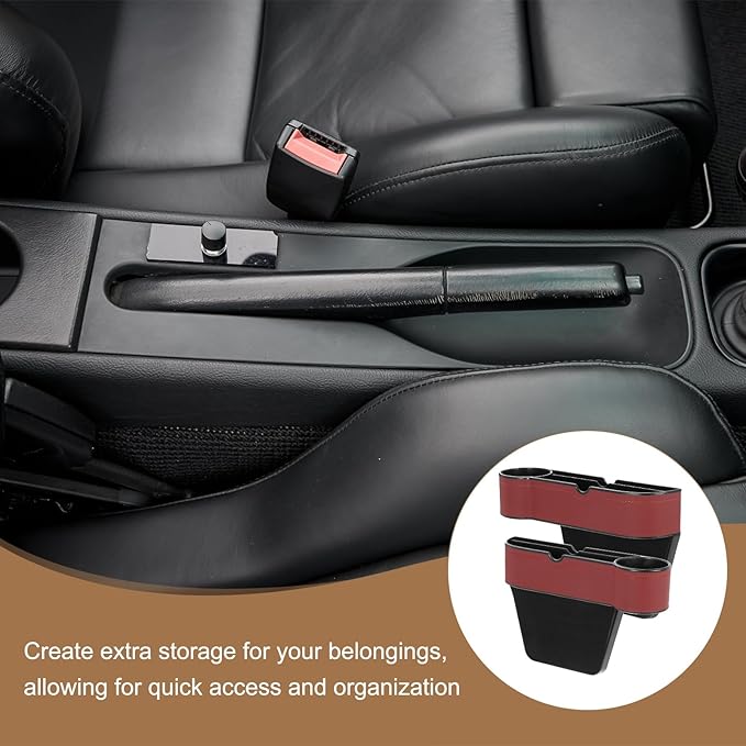HARFINGTON 2pcs Car Seat Gap Filler Organizer 10.6 x 7.1 x 2.8 Inch ABS+Leather Universal Car Organizer Storage Box Between Seat and Console (Left+Right) with Cup Holders for Phone, Wine Red