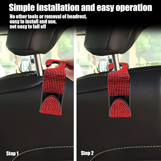 OSIFIT 2PCS Car Seat Hooks, Bling Rhinestone Headrest Hooks, Universal Bling Car Interior Accessories, for Handbag, Clothes, Purse, Water Bottle (Red)