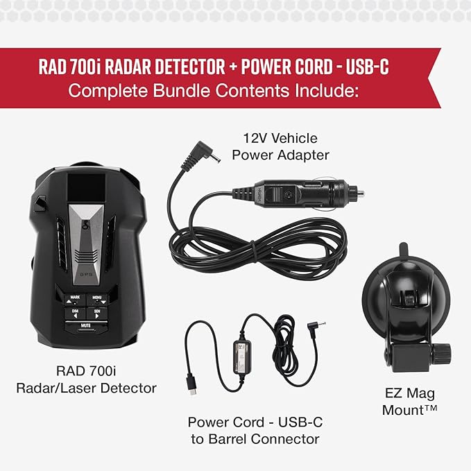 Cobra RAD 700i Laser Radar Detector + USB-C Power Cable Bundle - Premium Detection Range, Advanced Filtering Software, Apple CarPlay and Android Auto Compatible, Laser Eye Front and Rear Detection
