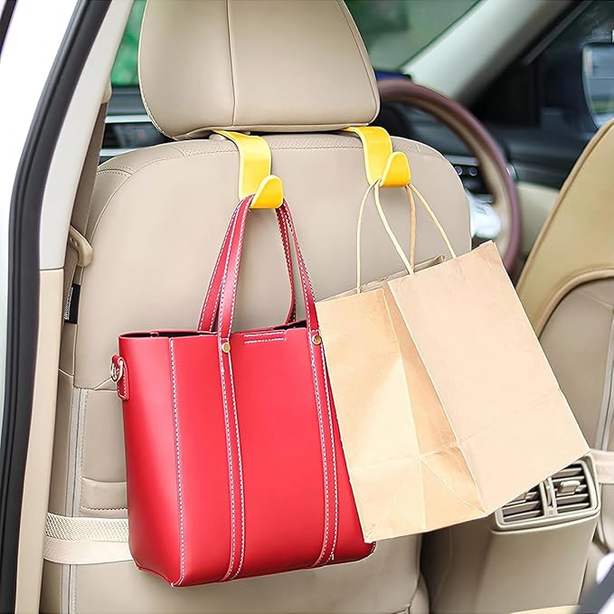 Osilly Car Seat Headrest Hook, 4 Pack Auto Seat Hanger Storage Organizer for Purse Handbag Coats Grocery Bags, Automotive Interior Accessories, Universal Vehicle Backseat Hanging Hook (Yellow)