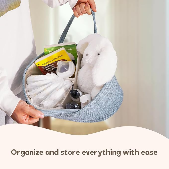 luxury little Diaper Caddy Organizer, Large Cotton Rope Nursery Baby Basket, Changing Table Organizer for Baby Diaper Storage, Portable Car Organizer Removable Divider (Lake Blue, Large)