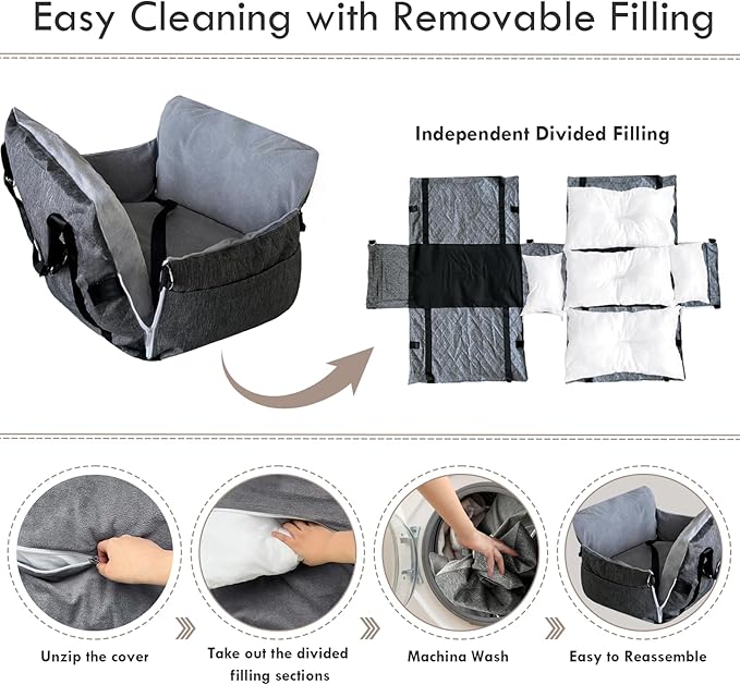 Dog Car Seat for Small/Medium Dogs Under 40 lbs - Elevated Pet Seat with Safety Belt, Non-Slip Base, and Storage Pockets for Car Travel Gray