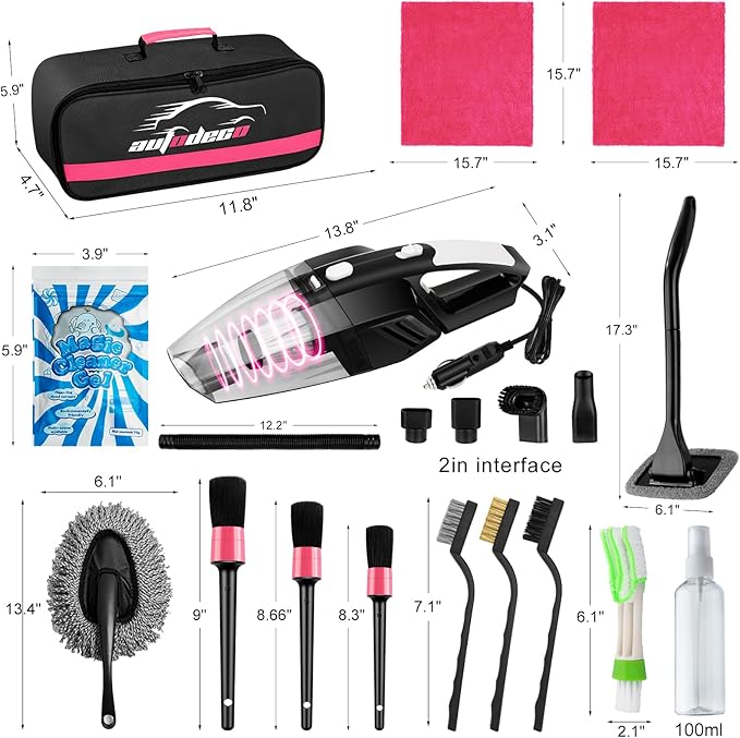 AUTODECO 20Pcs Car Cleaning Wash Kit Interior Detailing Cleaner Kit with High Power Handheld Vacuum, Brush Set, Windshield Tool, Duster, Towels, Complete Car Care Tools, Pink