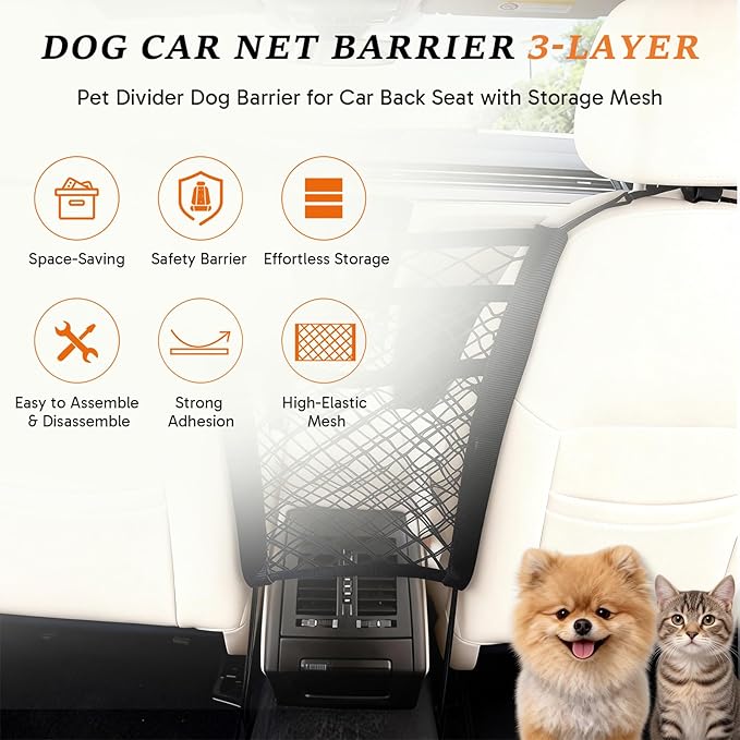 Car Net for Dogs, Dog Barrier for SUV Black 3-Layer Four-Sided Stretchable Dog Net for Car Back Seat with Storage Mesh – Easy Install, Pets Fits Most Cars & SUV