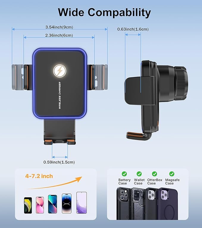 Wireless Car Charger, BLESSOURCE 7 Color RGB Backlit 15W Fast Charging Auto Clamping Car Mount Charger, Air Vent Phone Holders for Your Car Accessory for iPhone 17/16/15/14/13 Series,Samsung, Android