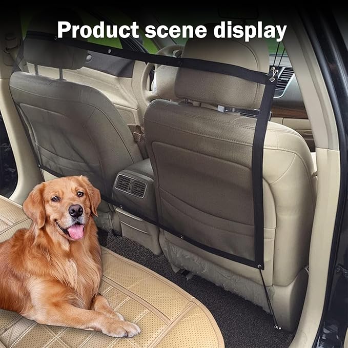 Dog Car Net Barrier, Car Pet Barrier with Adjusting Rope, Pet Backseat Isolation Net, Multifunctional Cars Dog Guardrail,for Most Cars (Black)