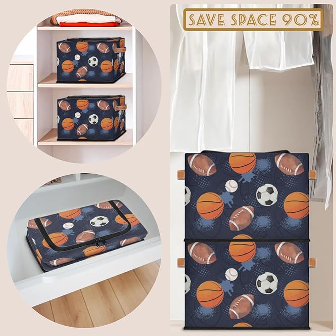 Large Toy Box Collapsible Storage Bins with Lids Closet Storage Baskets for Organizing Shelves Nursery Toy Storage Organizer Boxes for Kids, Boys, Girls (Navy Blue Sport Basketball Soccer)