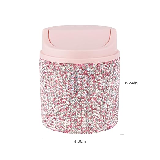 KEYPOWER Bling Rhinestone Mini Plastic Trash Can Cute Small Waste Can with Swing Lid,Suitable for Home Countertop,Car,Table Desk,Office (Pink)
