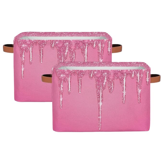 Pink Sparkly Storage Baskets for Organizing, Fabric Collapsible Storage Bins Box Pink Glitter DecorativeToy Organizer Baskets for Closet Shelves Gift Basket 2Pcs