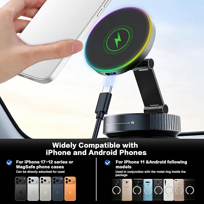 for MagSafe Car Mount Charger, 15W Fast Wireless Charging, Vacuum Suction Magnetic Car Phone Holder for iPhone & Android, 360° Adjustable Cell Phone Holders for Your Car Dashboard/Windshield