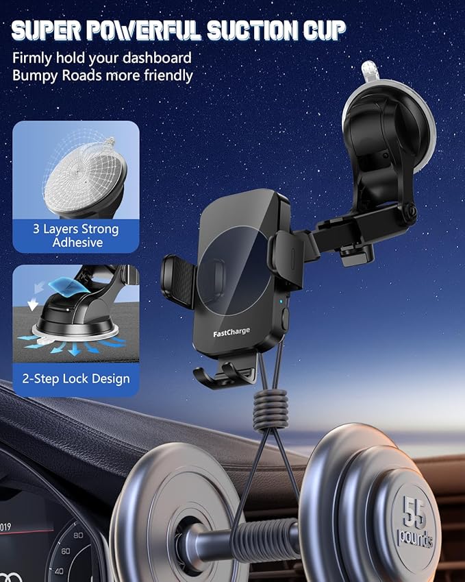 Wireless Car Charger, Fast Charging Phone Holder 3 in 1 Phone Mount Auto Clamping Car Accessories Compatible with iPhone 17 16 15 14 13 12 11 Xs XR, Samsung S23 Ultra S22 S21 S20/S10+ S9+ Note 9