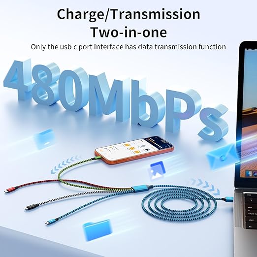 Travel Essentials, Dual Type-C 4 in 1 Multi Charging Cable 2 Pack 5FT Multi Charging Cables for All Devices,Charger Cord Adapter 2USB-C/IP Port for Cell Phones ( Blue&Black,USB A to 3 Type C+1IP )