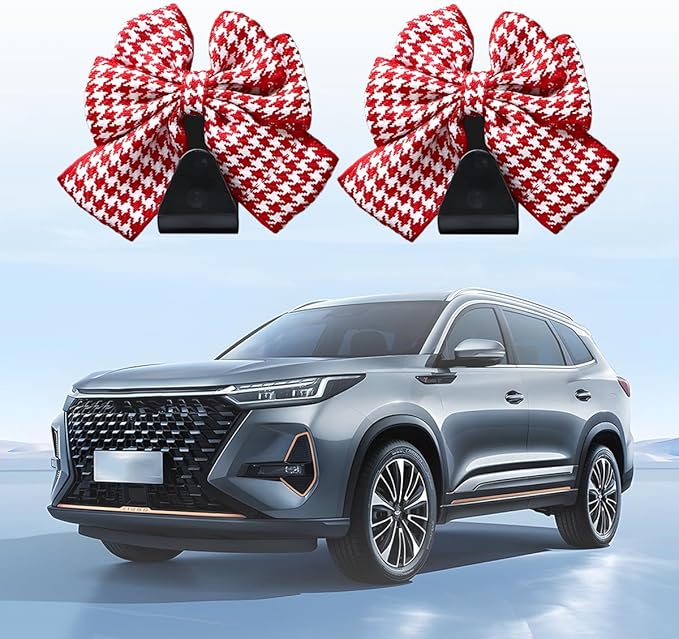 Cute Bow Car Seat Headrest Hooks, 2PCS Multifunctional Vehicle Rear Seat Hanging Hooks, Automotive Interior Seatback Storage Organizer for Purses Bags, Universal Fit (Red/Houndstooth)