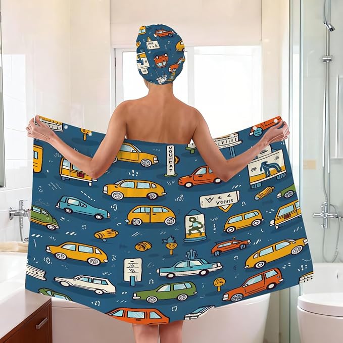 Women Bath Wrap Hair Towel Drying Cap Set Cartoon Cars Pattern Soft Absorbent Bathrobe Shower Wraps with Adjustable Closure Spa Bath Robe