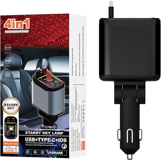 Starlight Retractable Car Charger,66W Fast Car Chargers Adapter 4 in 1 with 2 USB Car Chargers for Phone iPhone 16/15/14/13/12/11 and for Android - Black