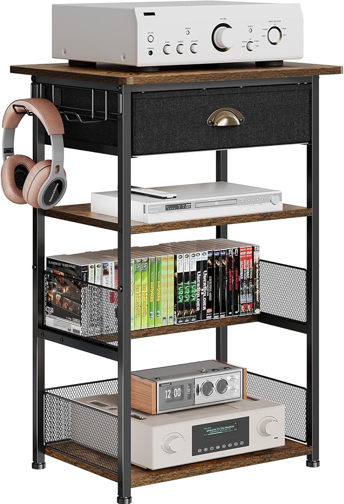 Hongtamoya 4-Tier AV Media Stand with Drawer, Video Game Console Shelf with 2 Hooks, Audio Rack Tower Perfect for/Xbox/ PS5/Switch/Game Consoles/DVD/Record Player/Projector/Sky Box/TV Accessories