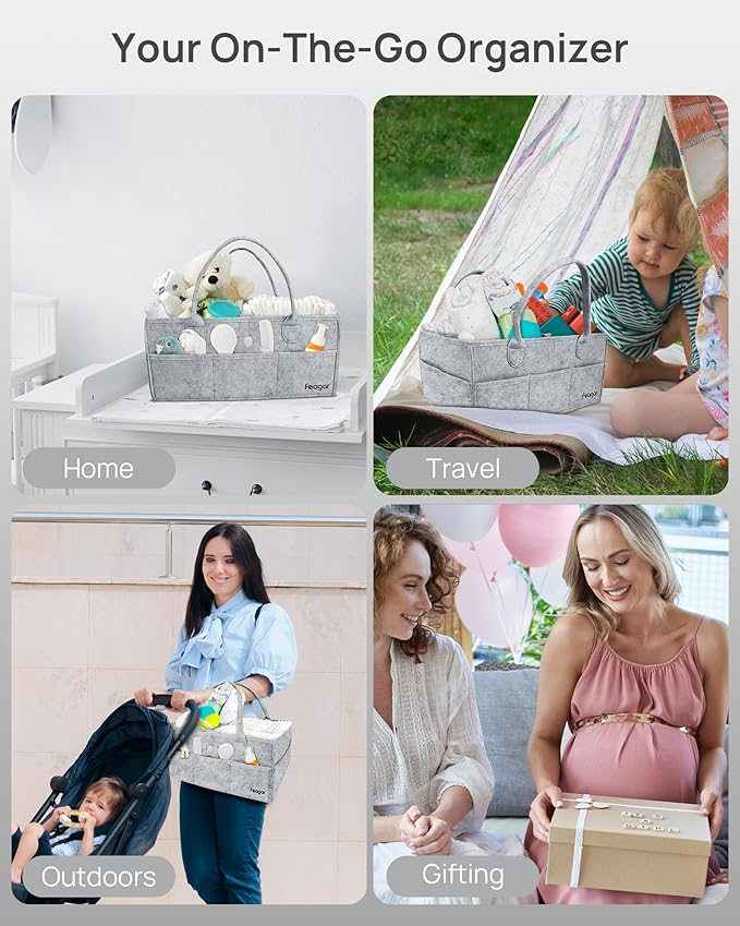 Feagar Baby Diaper Caddy Organizer, 15 Inch Large 2 Pack Set with 8 Pockets & 2 Dividers, Portable Nursery Storage Basket & Car Organizer for Changing Table, Travel (Grey)