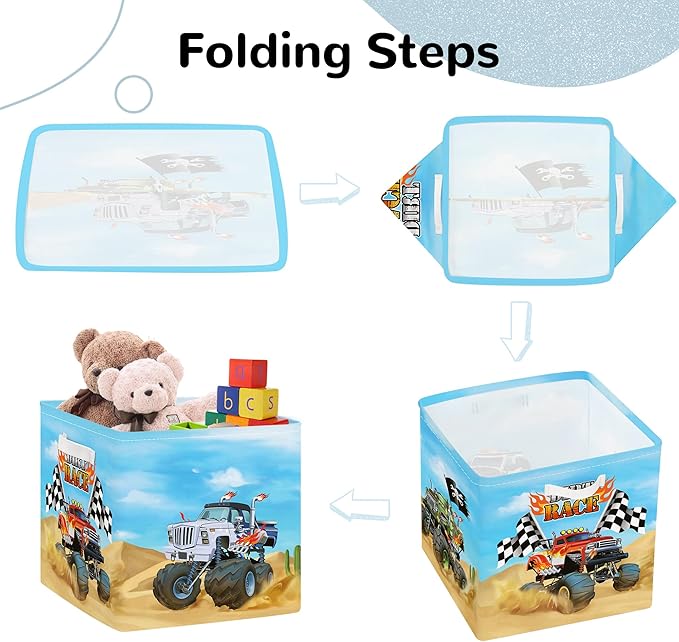 Clastyle Cars Kid Storage Cube Organizer Set Closet Clothes Cube Storage Bin Nursery Toddler Toy Box Chest Girl Boy Book Shelf Basket,Monster Truck,11.8x11.8x11.8 in