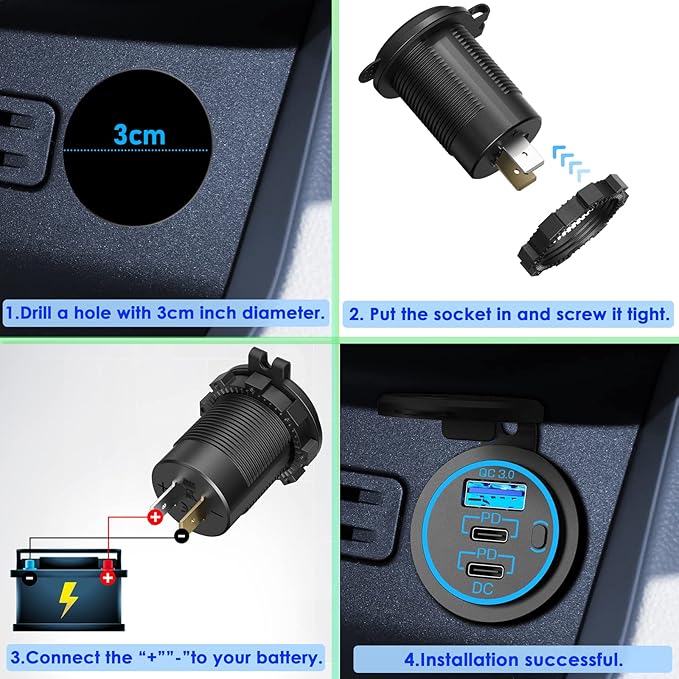 USB C Car Charger Socket – 58W Lengthened RV USB Outlet 12V Socket Dual 20W PD3.0 USB-C and 18W QC3.0 Car USB Port with Button Power Switch for Boat Marine Motorcycle