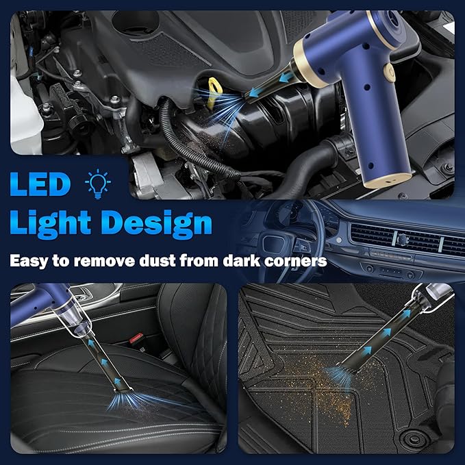Handheld Car Vacuum Cleaner, 2-in-1 Portable Mini Car Vacuum Cleaner,16000Pa High Power & Air Duster, Handheld Vacuum Cordless with LED Light and Multi-Nozzles for Car,Home,Office,Pet(Blue)