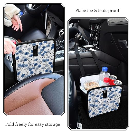 Car Trash Can Organizer Bin with Adjustable Strap for Back Front Seat Console Waterproof Leakproof Collapsible Portable 11 Inch Chinese Style Cornflower