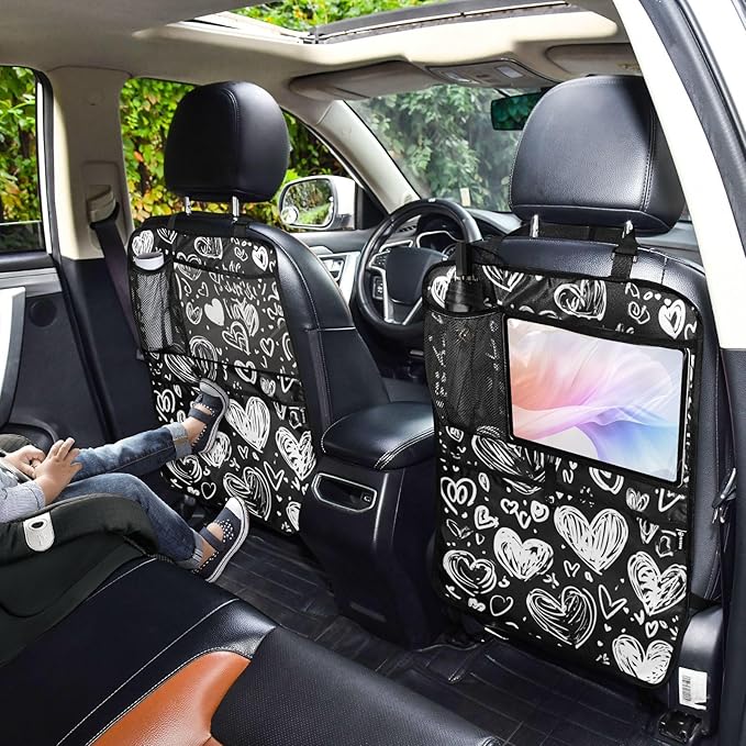 White Dodle Hearts 2 Pack Backseat Car Organizer with Storage Pockets Seat Back Organizers for Kids Kick Mats Backseat Protector Automotive