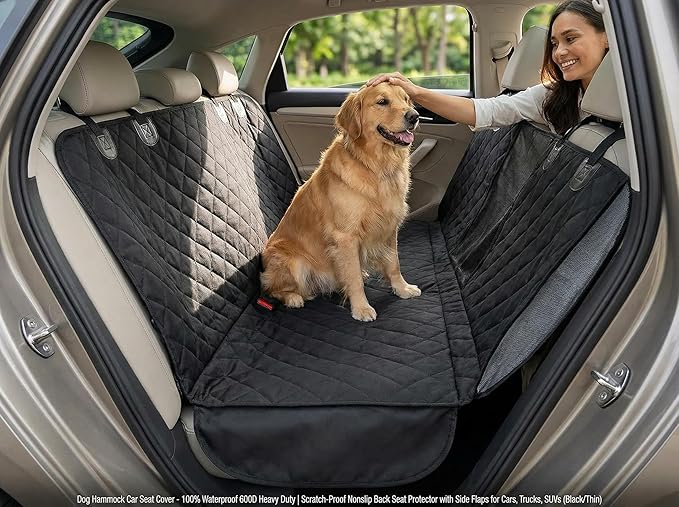 Dog Car Seat Cover for Pets - 100% Waterproof 600D Oxford Heavy Duty Hammock Style Scratch Proof Non Slip Back Seat Protector with Side Flaps, Fits Cars Trucks SUVs, Black