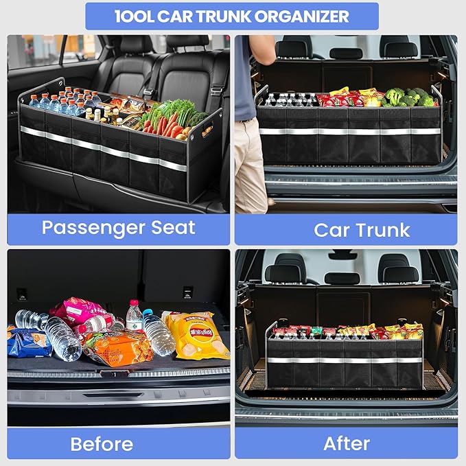Car Trunk Organizer, Car Storage Organizer, Collapsible Multi Compartment for Car, Suv, Sedan, Truck, 100L, Extra Larger (Black, 100L)