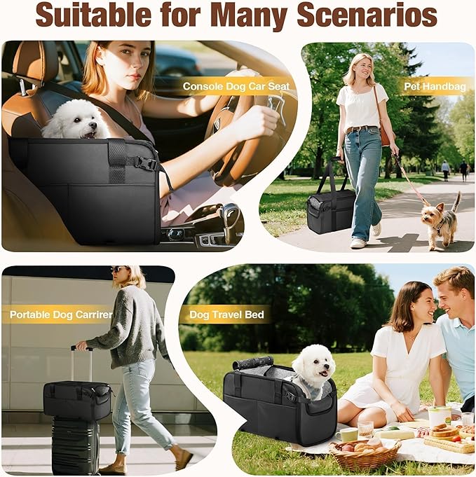 YUDODO Large Dog Car Seat for Center Console (Width>9.5in) Fits 10-18lbs, Anti-Slip Puppy Cat Travel Portable Booster Seat, Luxury Pet Car Bed Carseat PU Leather Black