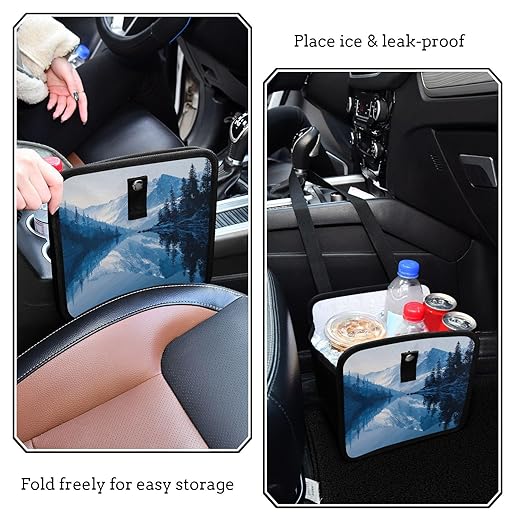 Car Trash Can Organizer Bin with Adjustable Strap for Back Front Seat Console Waterproof Leakproof Collapsible Portable 11 Inch Winter Blue Mountain and Mirrored Lake