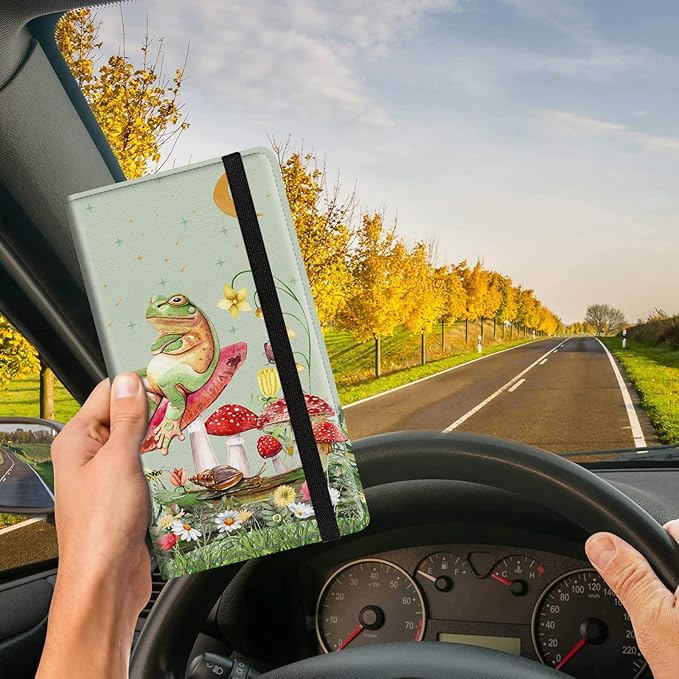 Car Registration and Insurance Card Holder, Premium PU Leather Vehicle Wallet Cover for Glove Box Car Organizer Drivers License / Cards / ID Essentials Document Holder, Aesthetic Mushroom Frog Green