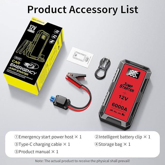 6000A Car Jump Starter, 12V Jump Starter Battery Pack (All Gas,up to 10.0L Diesel Engine) Jumper Cables Portable Lithium Jump Box, USB Output and LED Light