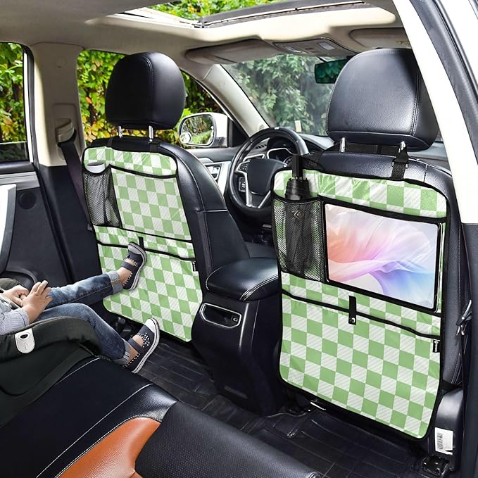 Checkered Light Green 2 Pack Backseat Car Organizer with Storage Pockets Seat Back Organizers for Kids Kick Mats Backseat Protector Automotive