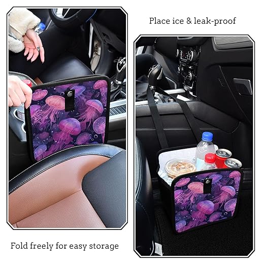 Car Trash Can Organizer Bin with Adjustable Strap for Back Front Seat Console Waterproof Leakproof Collapsible Portable 11 Inch Jellyfishes and Bubbles Pink