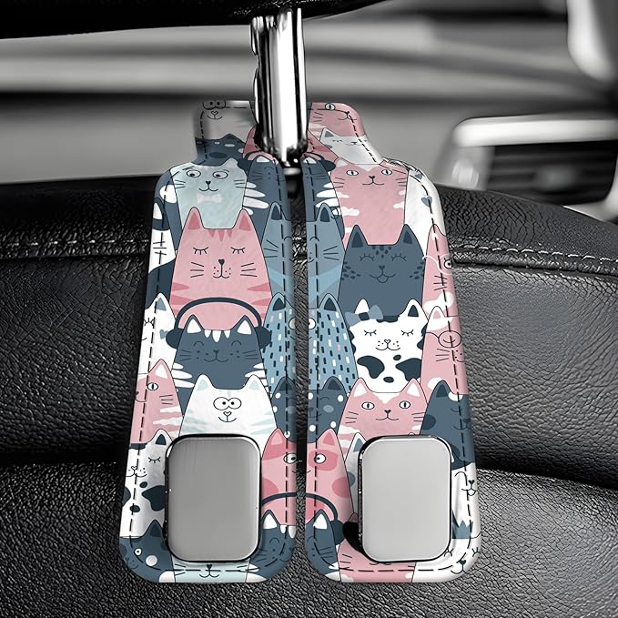 Car Seat Back Storage Headrest Hook, Premium Leather Double Metal Hook, Hanger Storage Organizer for Purse Cloth Bag, Car Interior Accessories Cute Funny Cats