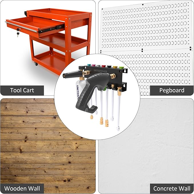 UNITEDPOWER Pressure Washer Gun Holder,Wall Mount Foam Cannon Holder,Tool Storage Rack for Pressure Washer Wand/Nozzle Tips, Car Wash Accessories Organizer, Black