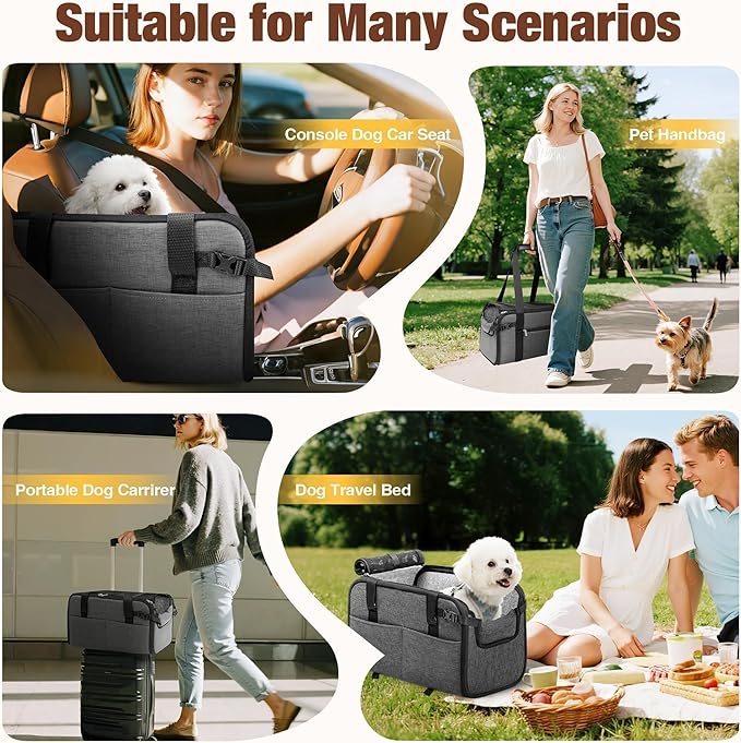 YUDODO Large Dog Car Seat for Center Console (Width>9.5in) Fits 10-18lbs, Anti-Slip Puppy Cat Travel Portable Booster Seat, Luxury Pet Car Bed Carseat PU Leather Gray