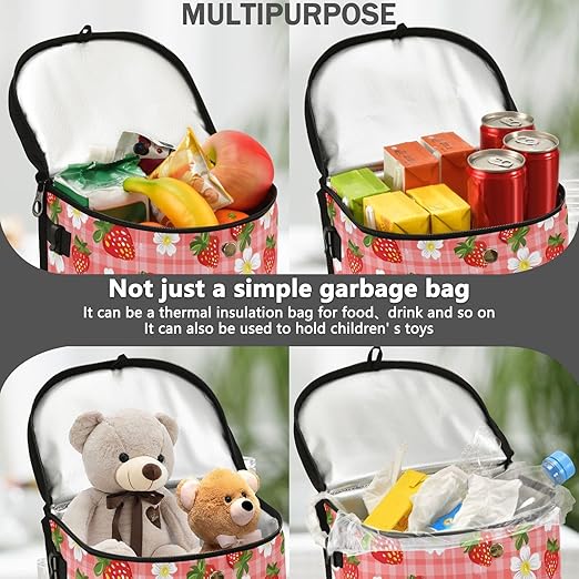 Strawberry Florals Checkered Plaid Car Trash Can Car Garbage Bag with Lid Hanging Waterproof Leak Proof Vehicle Storage Bin