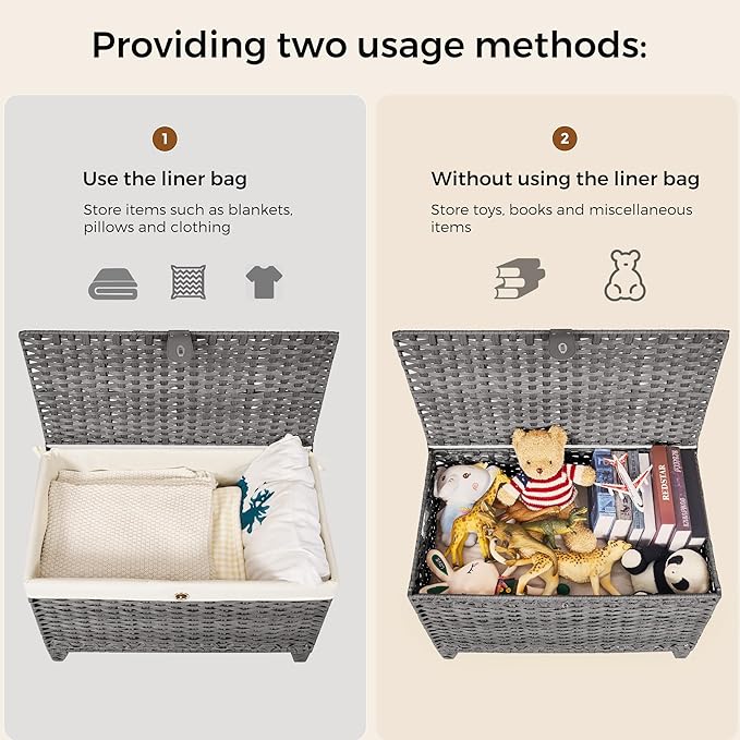 Honjourai Wicker Storage Basket with Lid,Rattan Shelf Basket with Removable Liner Bag,200L Storage Bin,Storage Trunk with Heightened Feet,Storage Container for Wardrobe,Home Organizer
