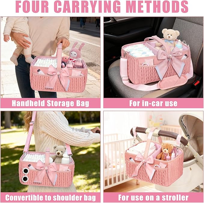 Baby Diaper Caddy Organizer - Large diaper basket with Adjustable Shoulder Strap, Portable Car Travel Tote Bag with Stroller Clips, Essential Newborn Girl Registry Gift, Pink