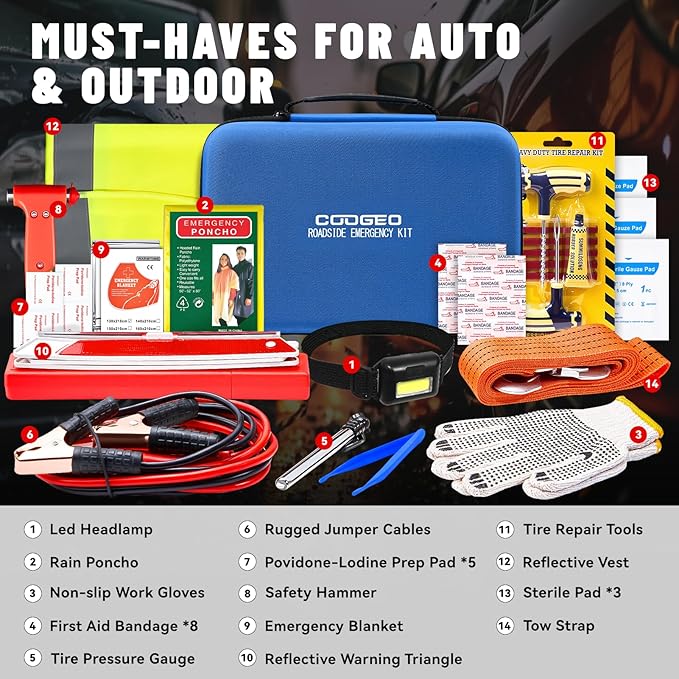 COOGEO 15PC Car Emergency Kit with Jumper Cables, Roadside Assistance Safety Kit for Auto & Truck, Includes Safety Hammers, Tow Strap, Warning Triangle, First Aid, Gifts for Young Men or Women, Blue