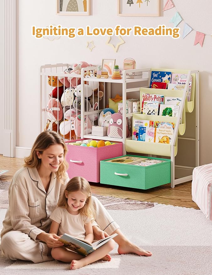 Kids Bookshelf and Toy Storage, Large 3 Tier Book Shelf for Kids Rooms, Sling Baby Bookcase with Stuffed Animal Storage, Toddler Montessori Bookshelf for Nursery, Playroom (Pink+Green)
