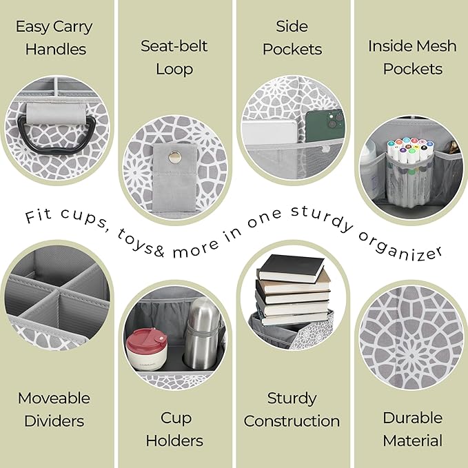 Easi Car Seat Organizer Backseat Front Seat Gap Filler with 12 Storage Compartments 2 Metal Cup Holders Kids Snack Travel Passenger Seat Organizer Collapsible Storage Box for SUV Truck Van Car, GE, 2